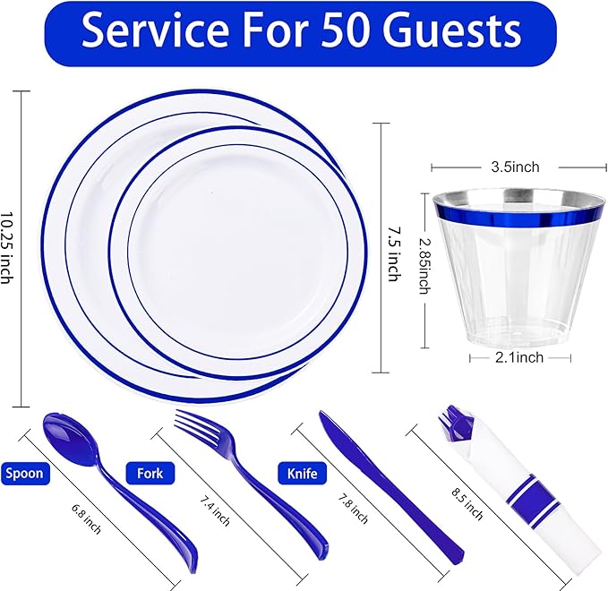 WELLIFE 350 Pieces Blue Plastic Plates - Disposable Silverware and Cups, Include: 50 Dinner Plates 10.25”, 50 Dessert Plates 7.5”, 50 Blue Cups 9 OZ, 50 Plastic Cutlery