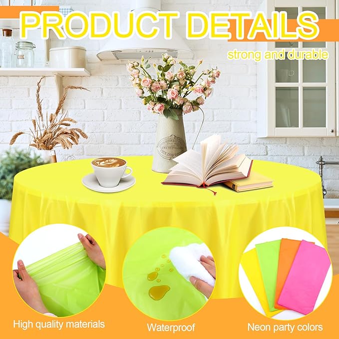 Preboun 84 Inch Large Neon Tablecloth Disposable Plastic Round Party Table Cover Decor Assorted Color Tablecloth Circle Table Cover for Wedding Birthday Picnic Tea Party Decor(Vivid Color,8 Pack)