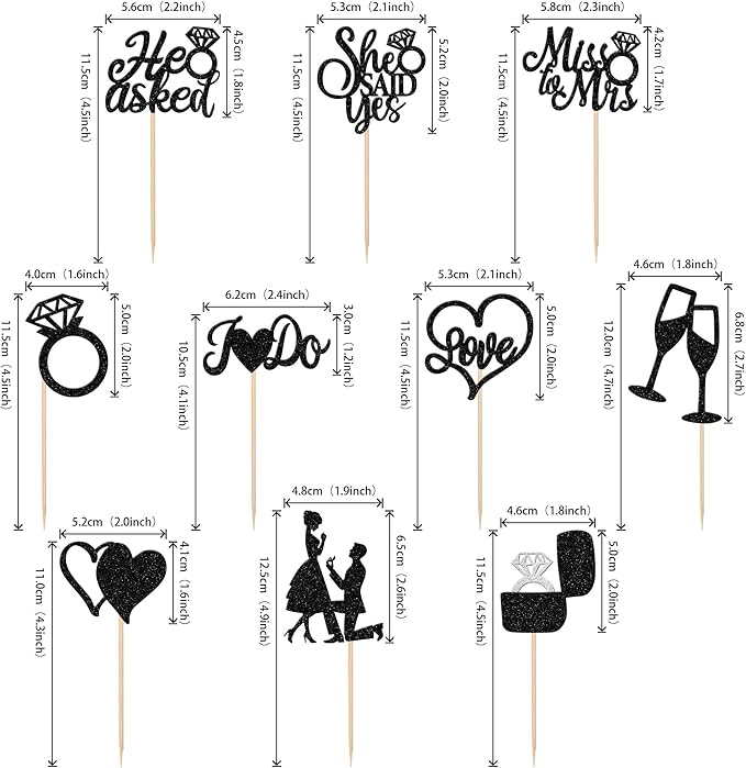 30 PCS He Asked She Said Yes Cupcake Toppers Glitter Engagement Cupcake Toppers Miss to Mrs I Do Love Heart Ring Miss to Mrs Cupcake Picks for Wedding Engagement Party Cake Decorations Supplies Black