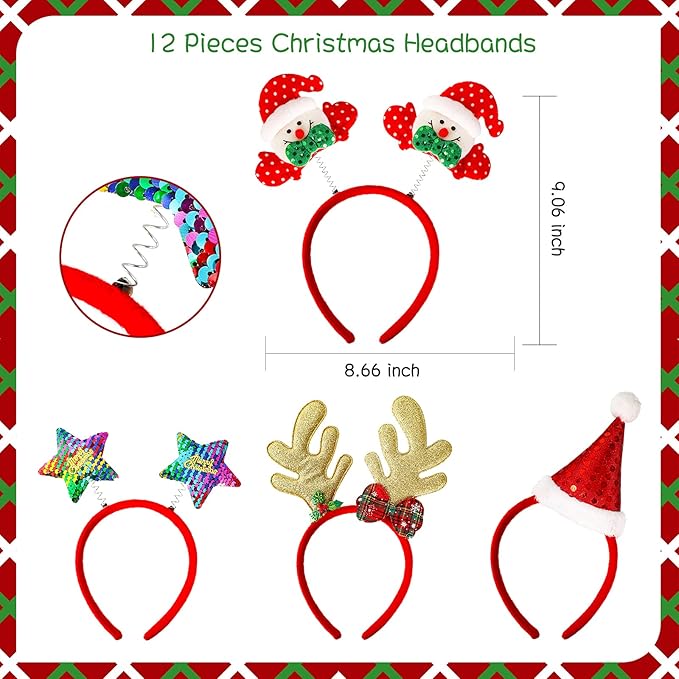 MGparty 12 Pieces Christmas Headbands Christmas Parties Favors Decoration Supplies Xmas Gifts Photo Booth Xmas Tree Snowman Reindeer Antlers Santa Hat