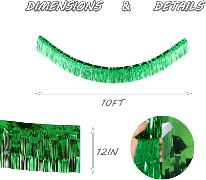 Green Foil Fringe Garland 10FT 2packs, Metallic Foil Tinsel Fringe Banners for Parade Float Decorations Wedding, Birthday Party Graduation (Two Green)