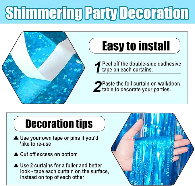 3 Pack Lake Blue Foil Fringe Curtain Backdrop, 3.28Ft x 8.2Ft Metallic Tinsel Foil Fringe Streamer Curtains for Photo Booth, Mother's Day, Easter, Birthday, Wedding Party Decorations