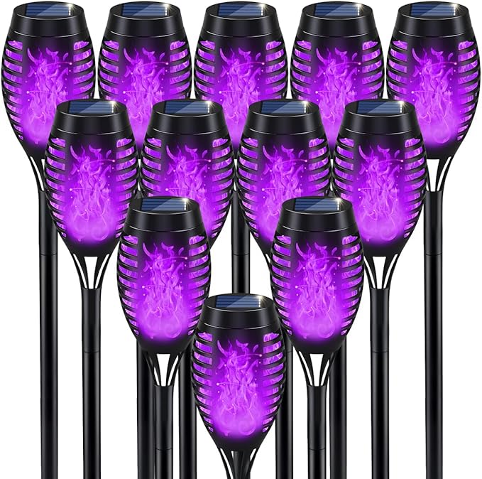 12Pack Halloween Yard Decorations, Purple Solar Halloween Lights for Outside Decor, LED Solar Flame Lights Outdoor for Yard Decorations, Waterproof Luces Solares Outdoor Decor for Patio Garden Pathway