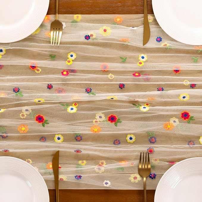 Socomi Embroidery Daisy Spring Easter Floral Wildflower Tulle Gauze CheeseclothTable Runners for Wedding Party Baby Shower Birthday Holiday Picnic Home Decor Champagne 3pcs