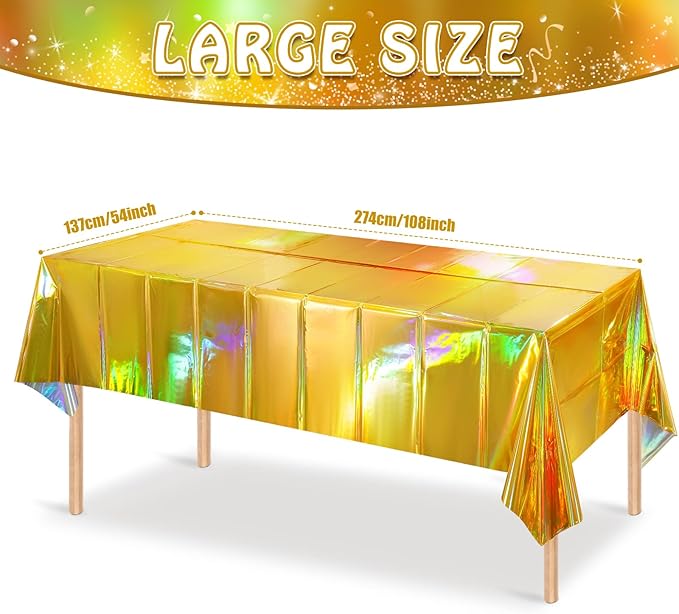 1 Pack Gold Iridescent Plastic Tablecloths Shiny Disposable Laser Rectangle Table Covers Holographic Foil Tablecloth Iridescent Party Decorations Birthday Bridal Wedding Christmas, 54 x 108 Inch