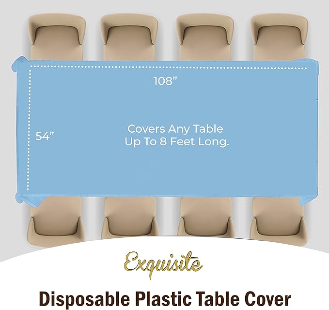 Exquisite 12-Pack Premium Plastic Tablecloth 54in. x 108in. Rectangle - Light Blue