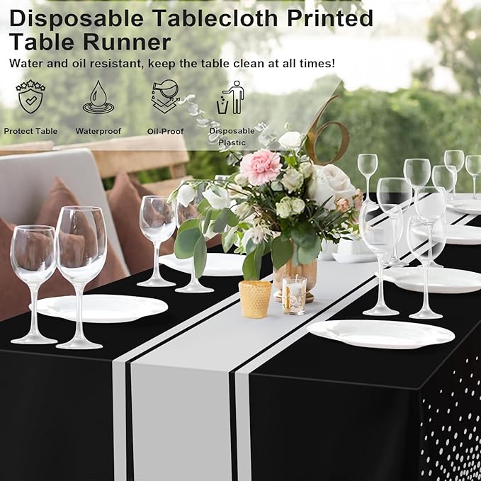 12 Pack Black and Silver Tablecloth Party Decorations Plastic Black Tablecloth Printed Silver Table Runner 54 x108 Inch Disposable Rectangle Table Cover for Birthday Wedding Graduation