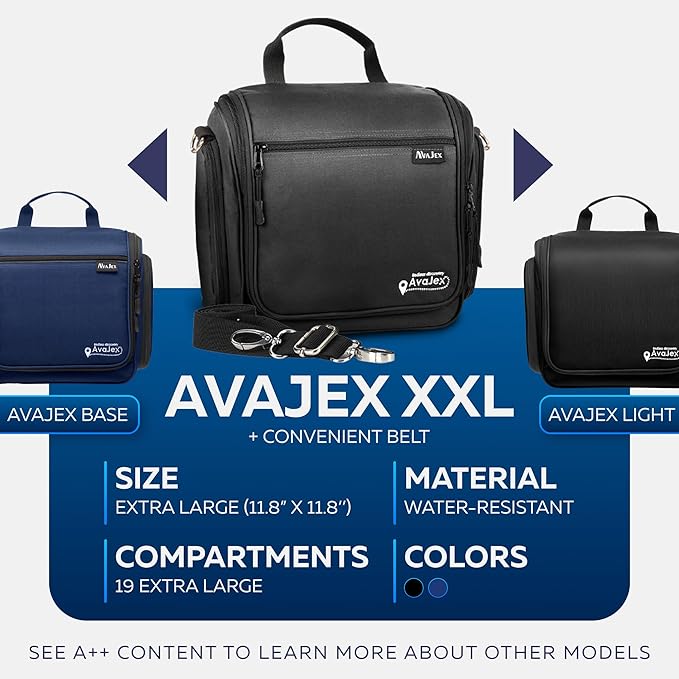 Extra Large (11.8”x11.8”x4”) Hanging Travel Toiletry Bag for Men and Women - Cosmetic Travel Bag With Shoulder Strap - Waterproof Hygiene Bag with Metal Swivel Hook and 19 Compartments for Toiletries