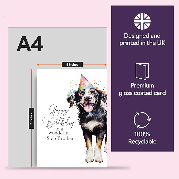 Birthday Cards for Step Brother - Party Hat Dog - Happy Birthday Card for Step Brother from Step Sister Brother, 5x7 Inch Bday Gifts Greeting Cards for Men Him