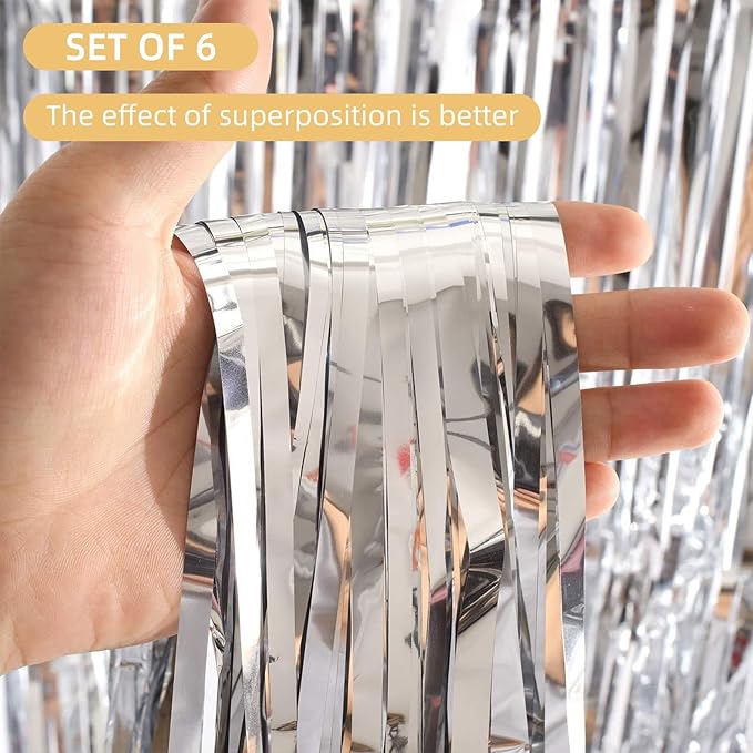 6 Pack Silver Foil Curtain Backdrop 3.2ft x 6.6ft Metallic Tinsel Fringe Backdrop Curtains Streamer Photo Booth Backdrop for Birthday Engagement Bachelorette Christmas Holiday Party Decorations