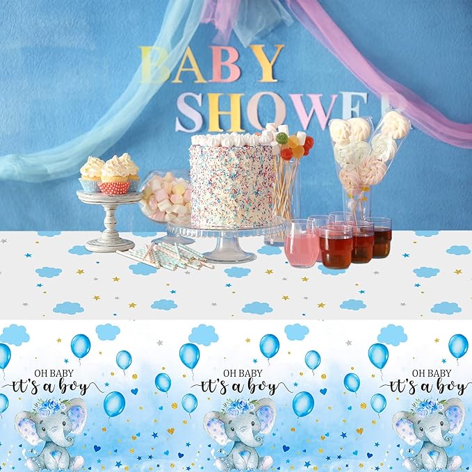 6 Pack Elephant Tablecloth Decorations, Plastic Tablecloth Table Cover Backdrop for Baby Boy Girl Gender Baby Shower Party Supplies, 54 x 108 Inch, Blue