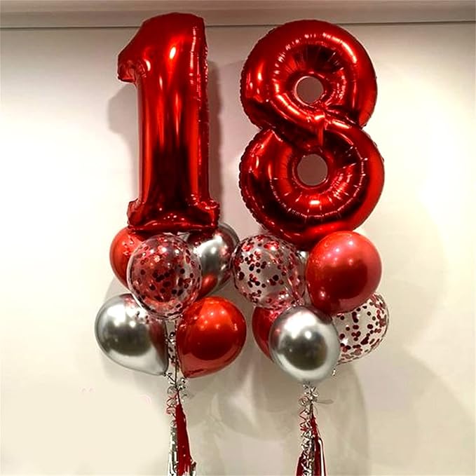 40th Birthday Balloons for Women, 40 Inch Giant Red Foil Number 40 Balloons with Red Confetti Balloons Kit, Digit 4 & 0 Helium Balloons for Girls Boys Men 4th 40th Anniversary Party Decorations