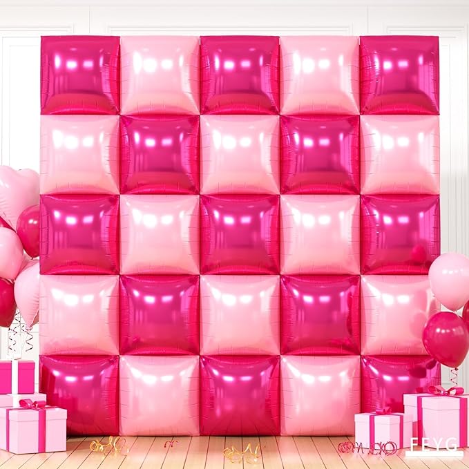 Hot Pink and Rose Double Sided Square Foil Balloons Wall,19 Inches Pink Metallic Foil Balloons Tunnel Arch Kit for Girls Bachelorette,Wedding,Anniversary,Valentine's Day Party Background Decoration