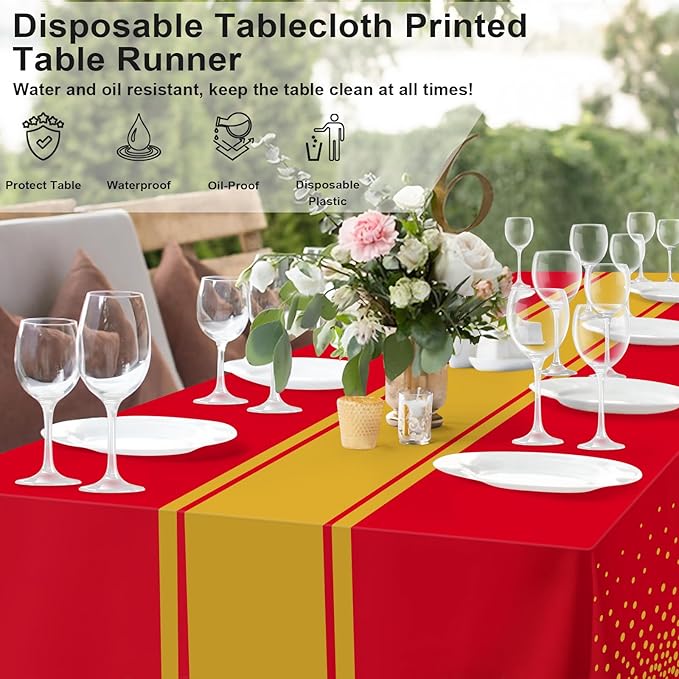 4 Pack Red and Gold Tablecloth Party Decorations Plastic Red Tablecloth Printed Gold Table Runner 54 x108 Inch Disposable Rectangle Table Cover for Birthday Wedding Graduation Anniversary
