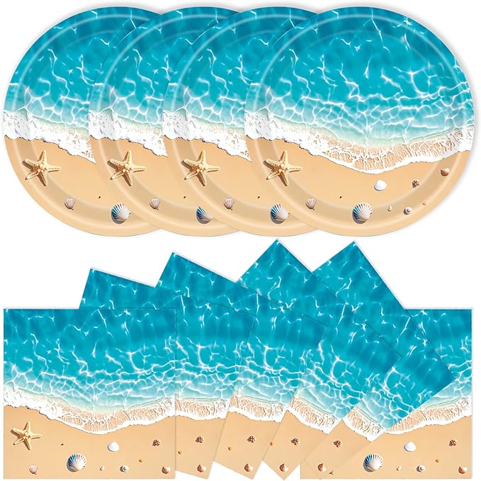 40Pcs Beach Plates and Napkins Party Supplies, Disposable Ocean Waves Birthday Plates Napkins Tableware Set for Hawaiian Ocean Themed Party Decorations (Beach)