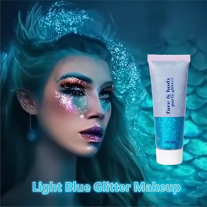 Go Ho Light Blue Face Body Glitter Gel,Blue Mermaid Face Paint Makeup,Holographic Chunky Sequins Glitters for Eye Lip Hair,Halloween Costumes Festival Rave Accessories,52g