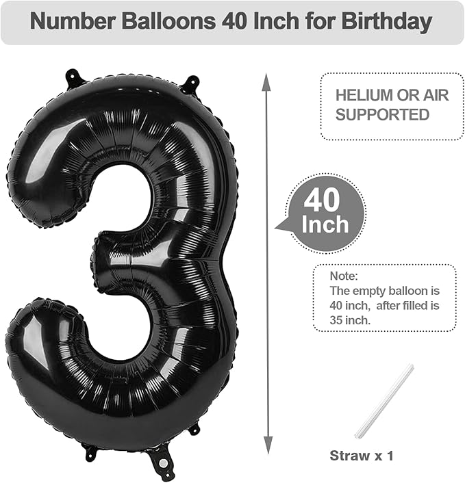 Number Balloons 40 Inch 3 Balloons for Birthday Party Decoration, Black Number 3 Ballon for 3, 13, 23, 30 Celebration, Boy and Girl Birthday, Christmas, Anniversary Decor