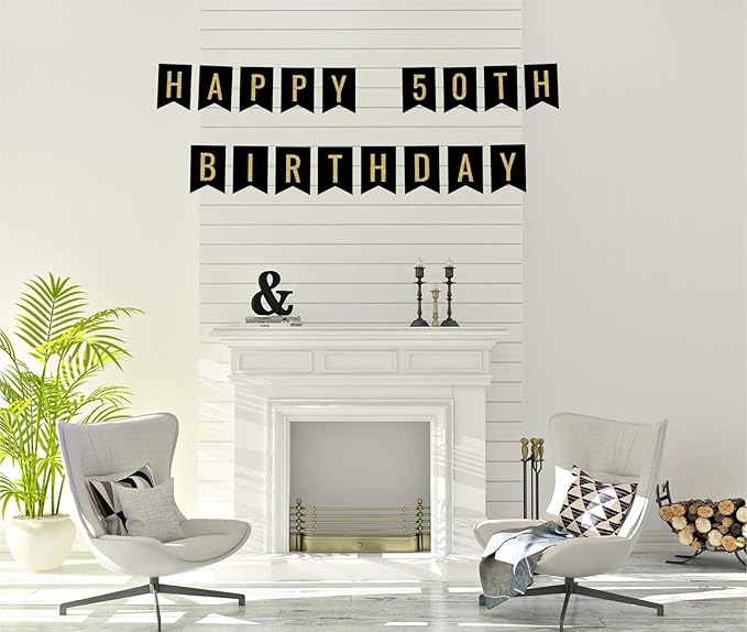 Andaz Press Faux Gold Glitter on Black Birthday Party Banner Decorations, Happy 50th Birthday, Approx 5-Feet, 1-Set, Milestone Colored Hanging Pennant Decor