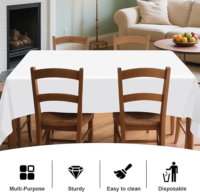 6 Pack Premium White Plastic Table Cloth -70 X 120 Inch Rectangle Tablecloth, Disposable Tablecloth Plastic Table Cover for Parties (6, White, 70" X 120" Rectangle)