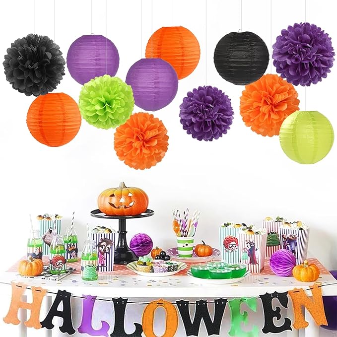 Black-Orange Purple Green Halloween Party-Decorations - 15PCS Paper Flowers Lanterns Tissue Pom Poms Streamers,Vintage Birthday Baby Shower Bachelorette Wedding Bathroom Hanging Supplies Decor Hugfond