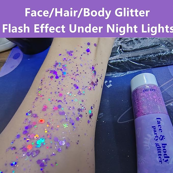 Go Ho Light Purple Face Body Glitter - Party Flash Festival Rave Outfits for Women&Kids,Holographic Glitter Face Paint,Halloween Mermaid Fairy Makeup Chunky Sequins Gel,Rave Pride Accessories