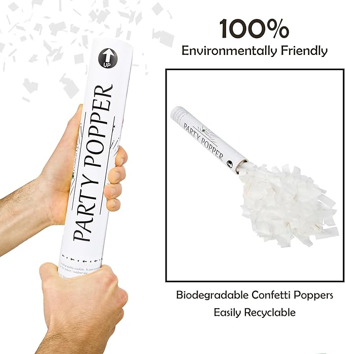 Clover Products 12" Biodegradable Confetti Cannons | 6 Pack | White Poppers for Weddings, Birthdays & Events | Air-Powered, Safe & Easy to Use | Shoots 25 Feet for Indoor & Outdoor Celebrations