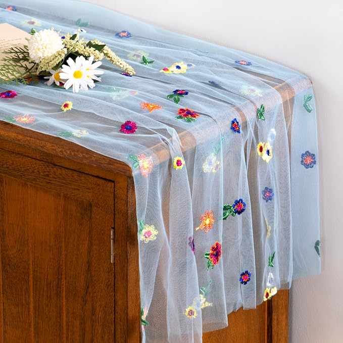 Socomi Blue Embroidery Daisy Spring Easter Floral Wildflower Tulle Gauze CheeseclothTable Runners for Wedding Party Baby Shower Birthday Holiday Picnic Home Decor 1pc