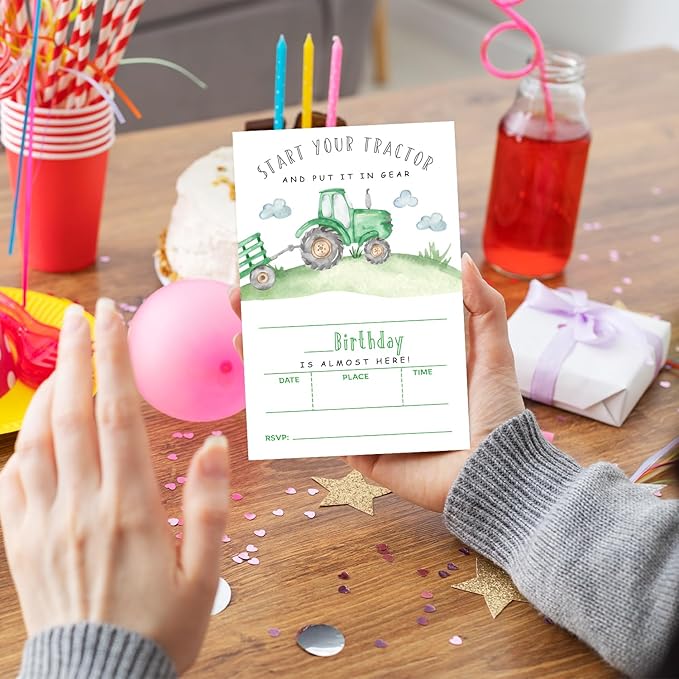 Farmyard Green Tractor Birthday Party Invitation Cards for Boys Girls, Start Your Tractor Birthday Celebration Party Invite Cards Supplies, 20 Double-Sided Fill In Invites With Envelopes -02