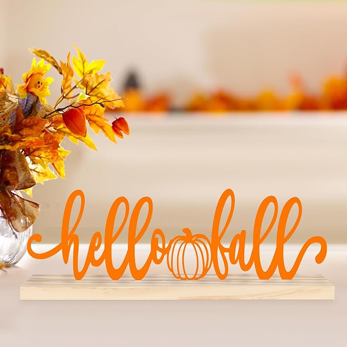 COCHIE Metal Hello Fall Sign, Orange Fall Decorations for Home, Office, Shelf, Mantel, Indoor, Autumn Decoration, Pumpkin Decor (Autumn B)