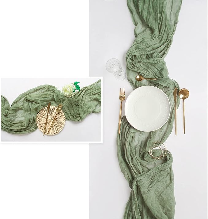 FEXIA 10 Pack Sage Green Table Runner 35x120 Inches for Baby Shower Decoration St. Patrick's Day Gauze Table Runner for Wedding Party Engagement Bridal Shower Boho Decoration (Sage Green)