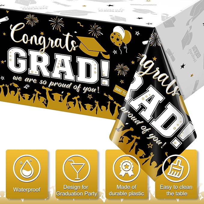 12Pack Graduation Tablecloth Party Decorations, Class of 2026 Congrats Grad Plastic Tablecover Party Supplies, Black and Gold Rectangle Graduation Table Decor for College High School Party, 54x108Inch