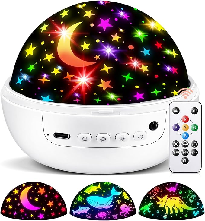 COOLNIGHT Boy Room Decor, 93 Lighting+3 Films Toddler Room Decor, Remote+Dimmable+360° Slient Nightlight for Baby Nursery, Starry Night Light Up Toys, Moon Projector (White)
