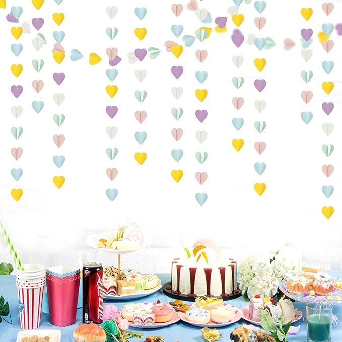 Pastel-Rainbow Party-Decorations 3D Heart Garland - 39Ft Yellow Blue Pink Purple Mint Hanging Paper Streamers Banner, Engagement Wedding Bachelorette Baby Bridal Shower Decor Ouruola