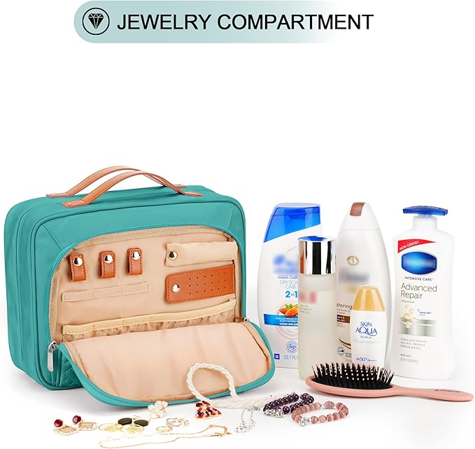 Travel Hanging Toiletry Bag for Women, with Jewelry Organizer Compartment, Medium Waterproof Hanging Makeup Accessories, Cosmetic Essentials, Toiletries Dopp Kit Set with Trolley Belt, Blue