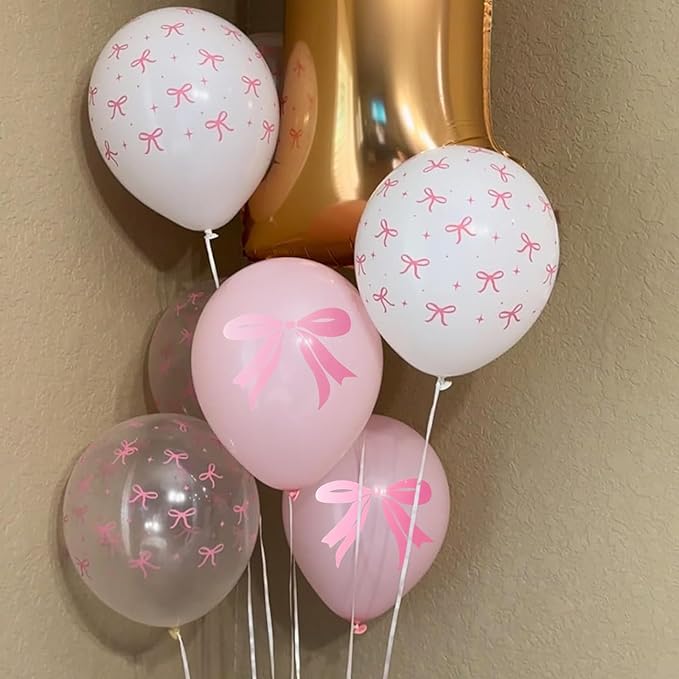 Pink Bow Balloons, 35PCS Light Pastel Pink Clear White Bow Latex Balloon for Girls Women Wedding Bridal Baby Shower Bachelorette Engagement Princess Coquette Birthday Theme Party Decorations Supplies