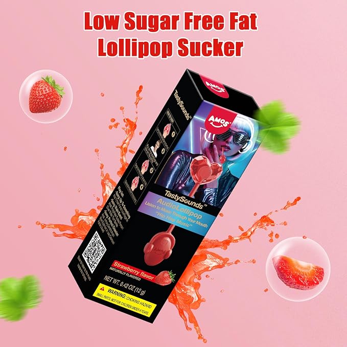 AMOS TastySounds Audio Lollipop 2-Pack Combo - Strawberry & Blacberry Flavors, Bone Conduction Music Candy with Earbud Design
