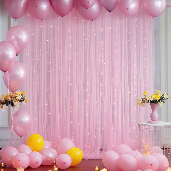 20ft x 10ft Pink Backdrop Curtain with Lights String for Parties, Sheer Tulle Wedding Photo Backdrops Drapes for Baby Shower Birthday Party Decorations Background for Photography