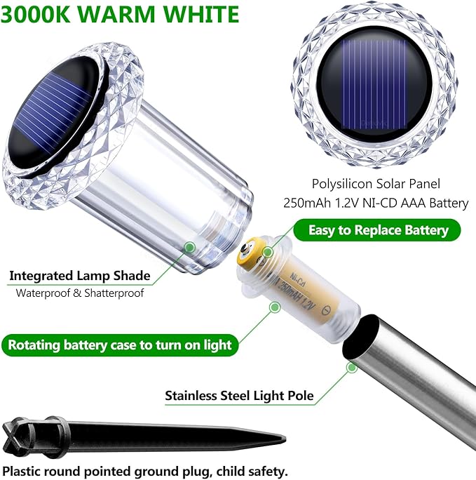 DenicMic Solar Lights Outdoor 15 Pack Waterproof 3000K Warm White LED Stainless Steel Stake Outside Lights for Yard Pathway Garden Driveway Walkway Landscape Path Lighting