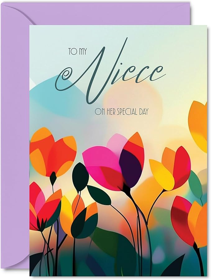 Niece Birthday Card - Vibrant Summer Flowers - Vivid Happy Birthday Card for Niece from Auntie Uncle, 5x7 Inch Female Floral Bday Golden Greeting Cards