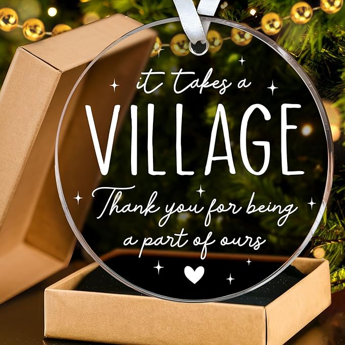 HEXMOZ Thank You Gifts for Women, Men - It Takes a Village Ornament - Teacher Ornament - Appreciation Gift for Teacher Coworker Daycare Provider Nanny Babysitter Coach - Acrylic Christmas Ornaments