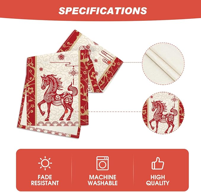 Artoid Mode Paper Cutting Style Chinese Zodiac Horse Happy 2026 Lunar New Year Table Runner, Spring Festival Winter Kitchen Dining Table Decoration for Home Party 13x60 Inch