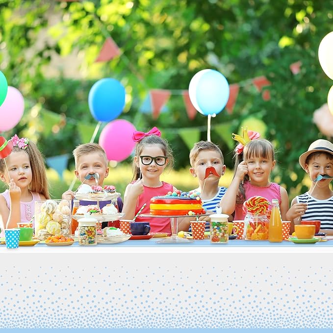 12 Pack White and Light Blue Tablecloth Party Decorations Plastic White Tablecloth Printed Light Blue Table Runner 54 x108 Inch Disposable Rectangle Table Cover for Birthday Graduation