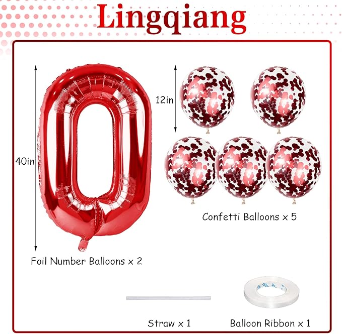 Red 30 Birthday Balloon Numbers, 40 Inch Big Foil Mylar Number 3 and 0 Balloons with Red Confetti Latex Helium Balloons Set for Men Women 30th 3rd Birthday Anniversary Party Decorations Supplies