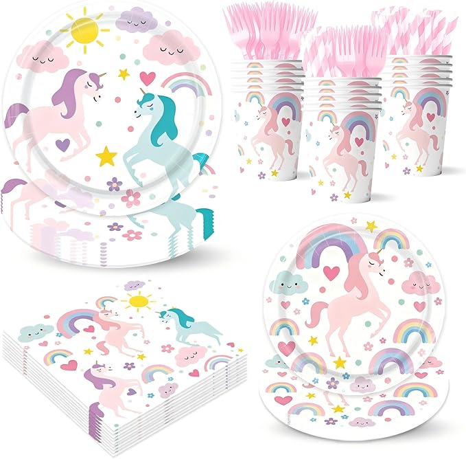 Unicorn Themed Party Decorations Supplies Rainbow Unicorn Themed Party Tableware Set Include Plates, Cups, Napkins,Cutlery and Straw for Baby Shower, Birthday Party Decorations Serves 24