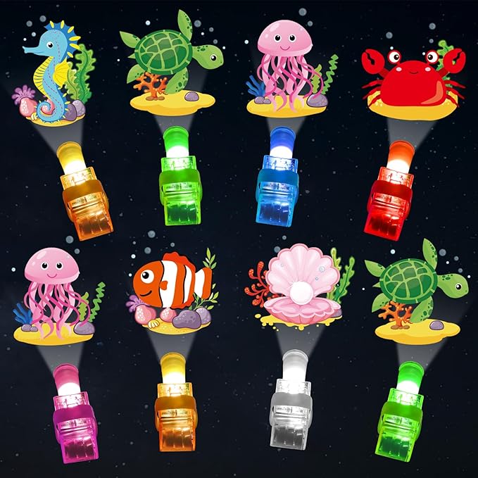 36 PCS Under the Sea Party Favors Ocean Birthday LED Light Up Finger Lights Glow in the Dark Sea Animal Party Finger Flashlights Bulk for Goodie Treat Bags Stuffers Tropic Fish Beach Party Supplies