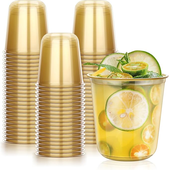 KesaPlan 50 Pcs Gold Plastic Cups, 12oz Disposable Stemless Wine Glasses for Cocktail Cute Clear Cocktail Wine Glasses Gold Party Cups for Meeting Wedding Graduation Holiday Party