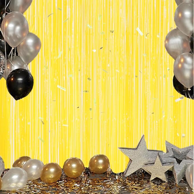 3 Pack Foil Fringe Backdrop - Pastel Yellow Shiny Tinsel Curtains for Party Decoration/Photo Booth Props - 3.3x8.2 FT Metallic Foil Backdrop for Birthday, Wedding, Graduation, Christmas.