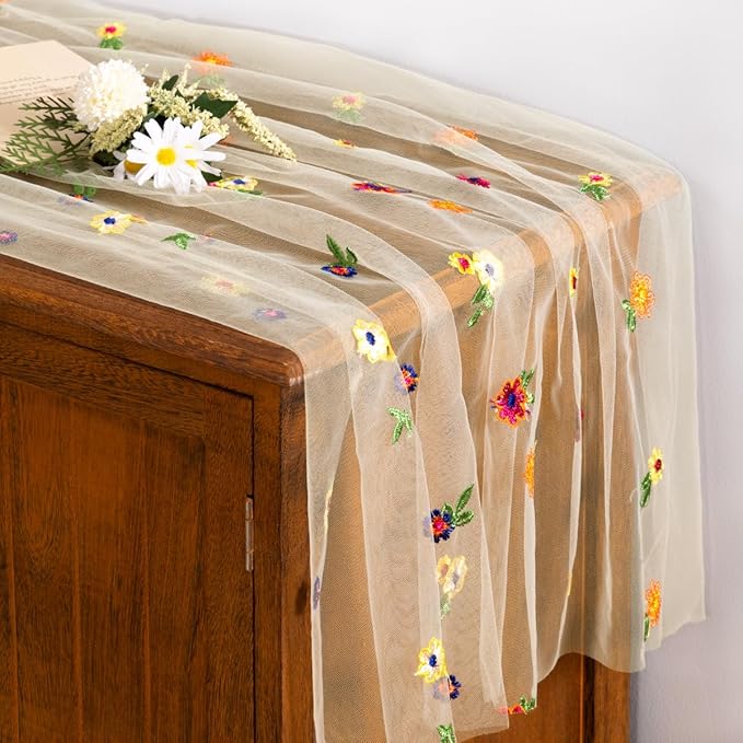Socomi Champagne Embroidery Daisy Spring Easter Floral Wildflower Tulle Gauze CheeseclothTable Runners for Wedding Party Baby Shower Birthday Holiday Picnic Home Decor 1pc
