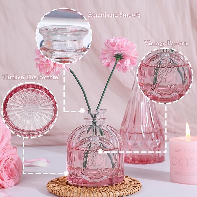 Pink Glass Bud Vases Set of 5, Mini Flower Vase for Centerpieces, Small Clear Vases in Bulk for Wedding Decorations, Vintage Vase for Table, Home Décor