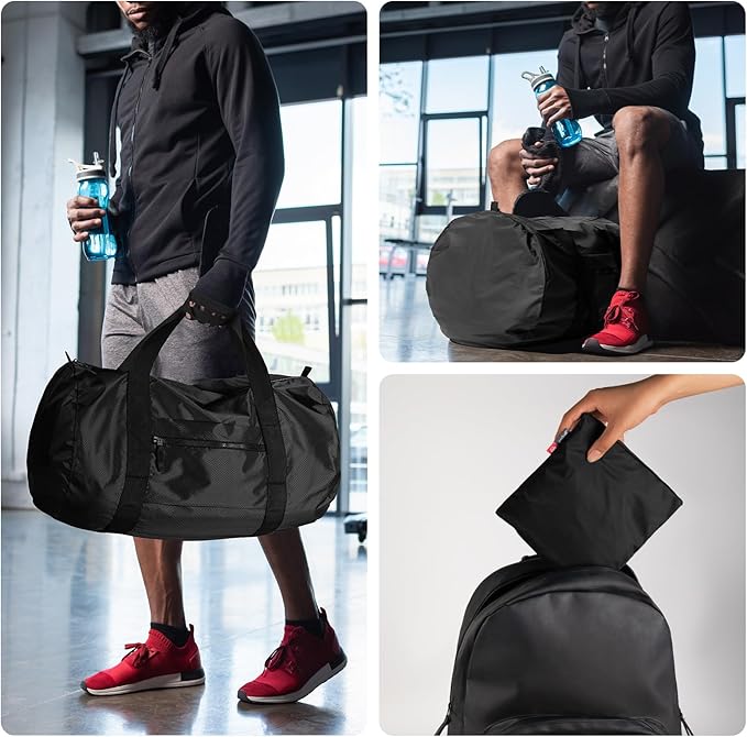 pack all 45L Foldable Duffel Bag, Water-Resistant Sports Gym Bag, Portable Weekender Bag Lightweight for Travel, Fitness and Camping (Black)